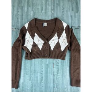 H&M Divided Sweater Womens Sz XXS Brown Cardigan Cropped V-neck